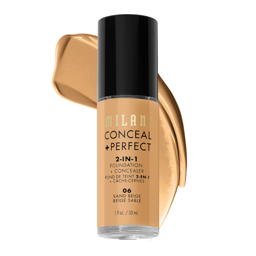 Flacon Milani Conceal + Perfect sable beige pour une couverture homogène.