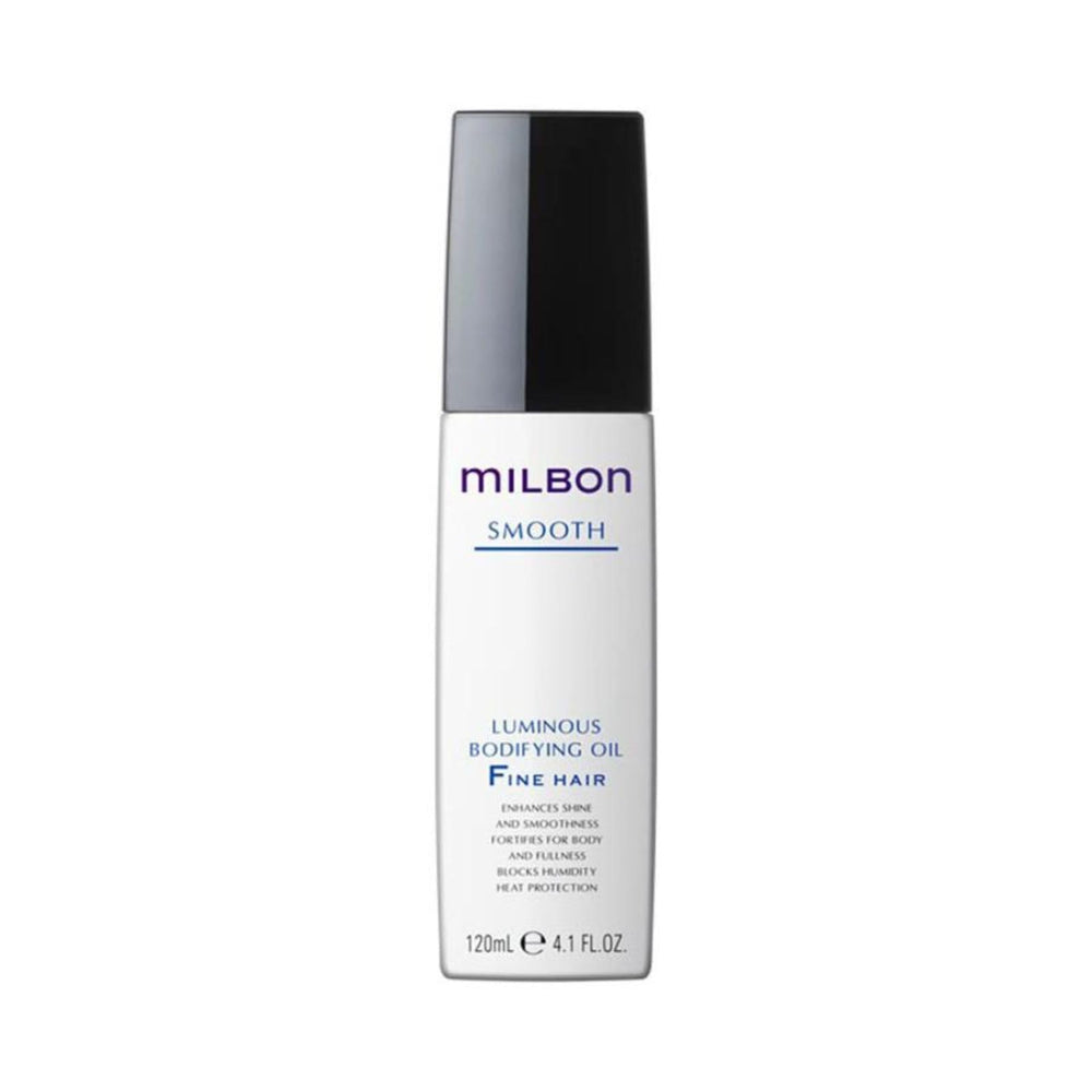 Milbon huile lumineuse pour cheveux fins en flacon, offre brillance et contrôle.