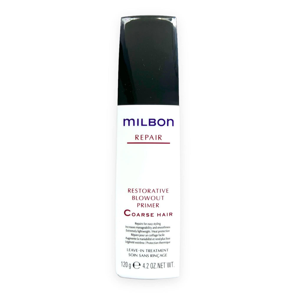 Milbon Repair Restorative Blowout Primer en bouteille protège la chaleur et facilite le brushing.