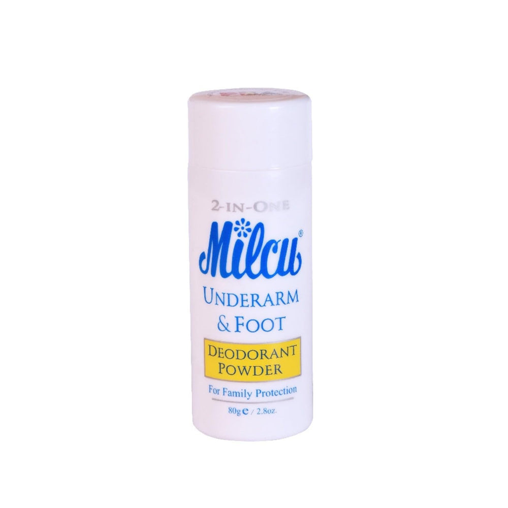 Milcu poudre déodorante aisselles-pieds: flacon pratique pour usage quotidien.