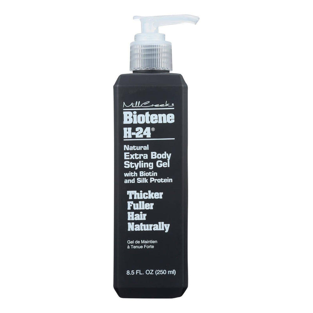 Flacon du gel coiffant Biotene H-24 de Mill Creek offrant contrôle et brillance.