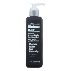 Flacon du gel coiffant Biotene H-24 de Mill Creek offrant contrôle et brillance.
