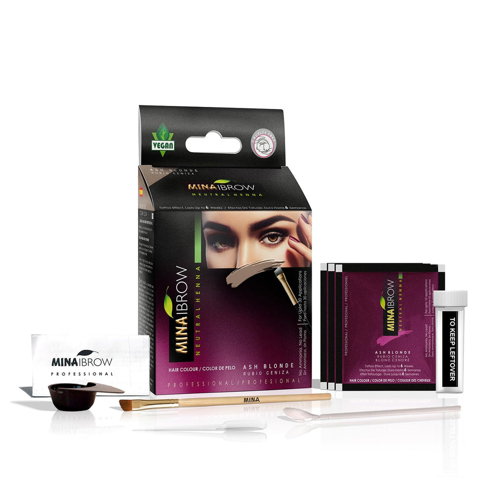 MinaiBrow iBrow Henna Color Kit box and brush for ash blond tint