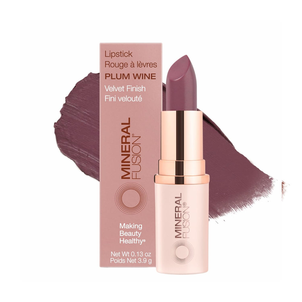 Mineral Fusion Long-Lasting Lipstick Plum Wine tube swatch highlights vivid color and smooth glide.