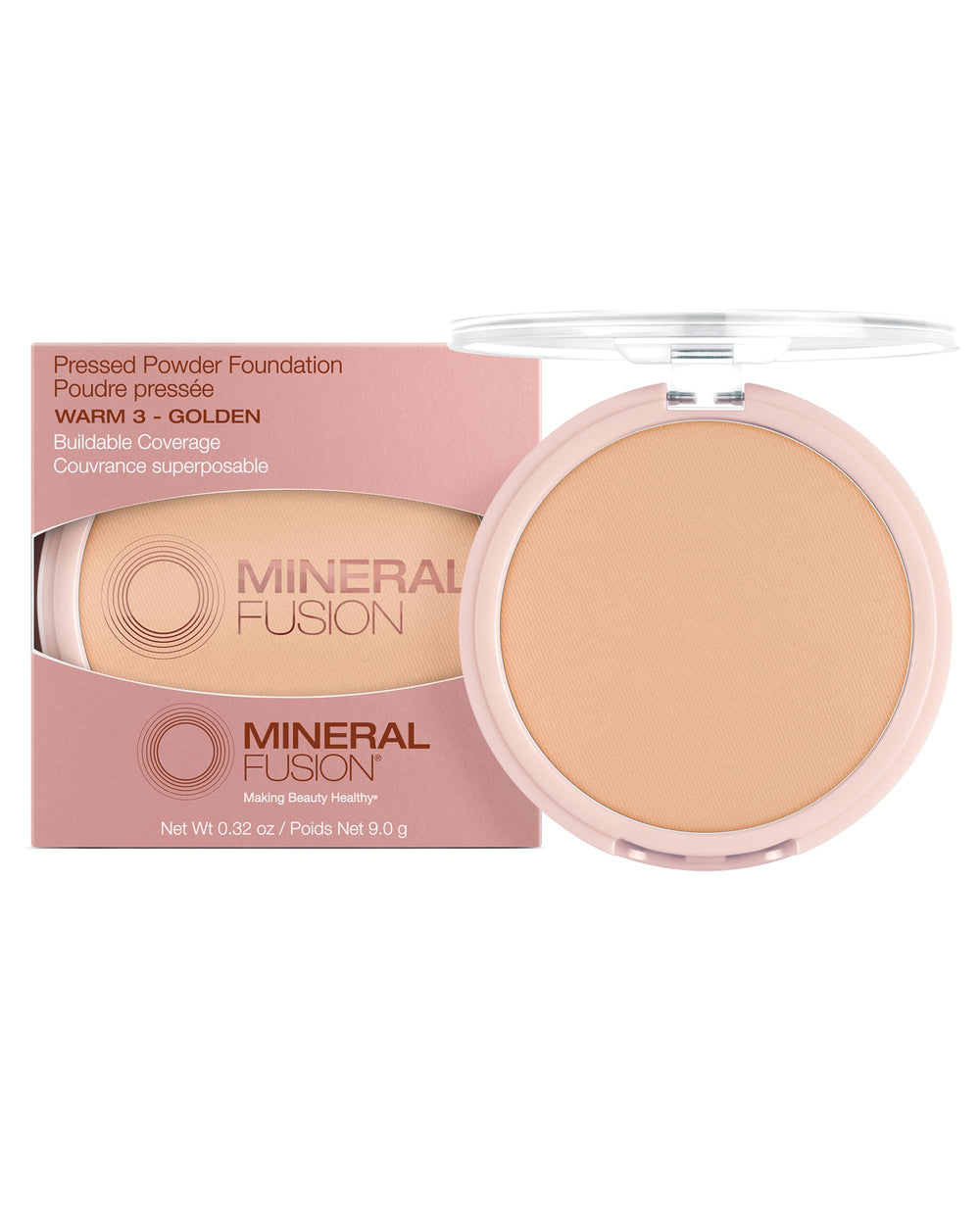 Mineral Fusion Poudre Pressée – Teint médium-jaune, fini mat et uniforme.