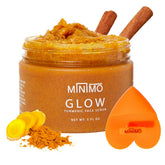 Minimo Glow gommage visage curcuma citron gâteau avec applicateur cœur pour un éclat naturel.