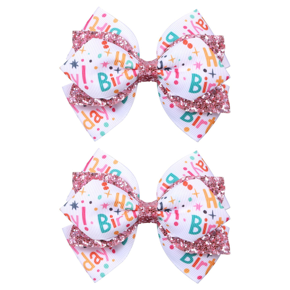 Broche cheveux Miroksh avec noeud ruban anniversaire rose pailleté, parfait pour fête.