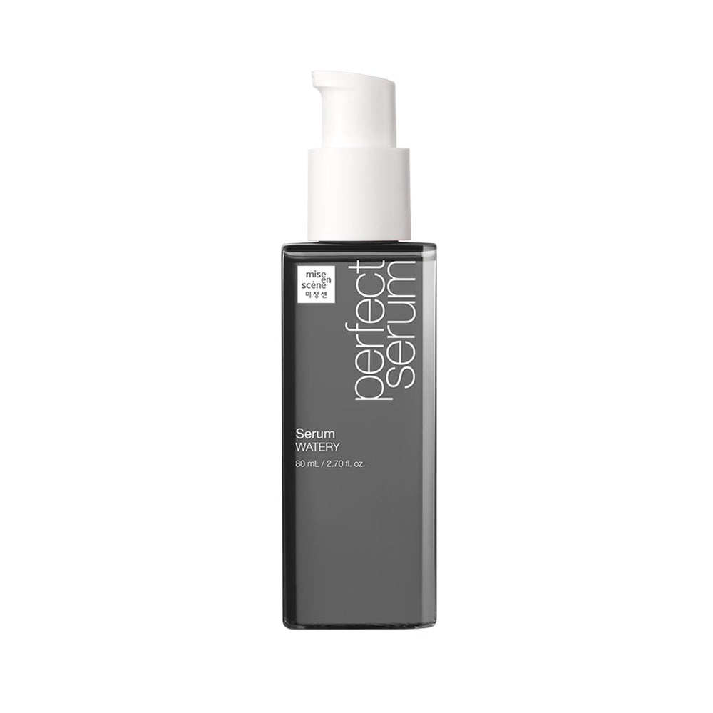 Mise En Scene Sérum Hydratant Liquide : flacon translucide et hydratation légère pour cheveux.