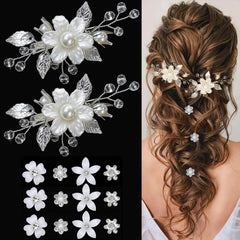 Barrette Miskate fleur blanche avec perle centrale pour une coiffure élégante.