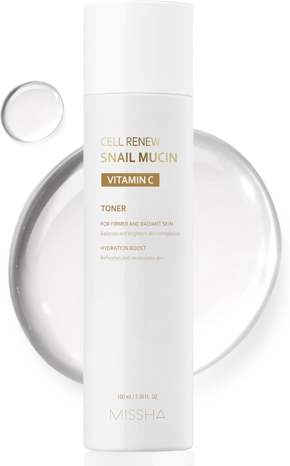 Tonique MISSHA Cell Renew Snail Mucin Toner, bouteille ouverte prête pour l'hydratation.