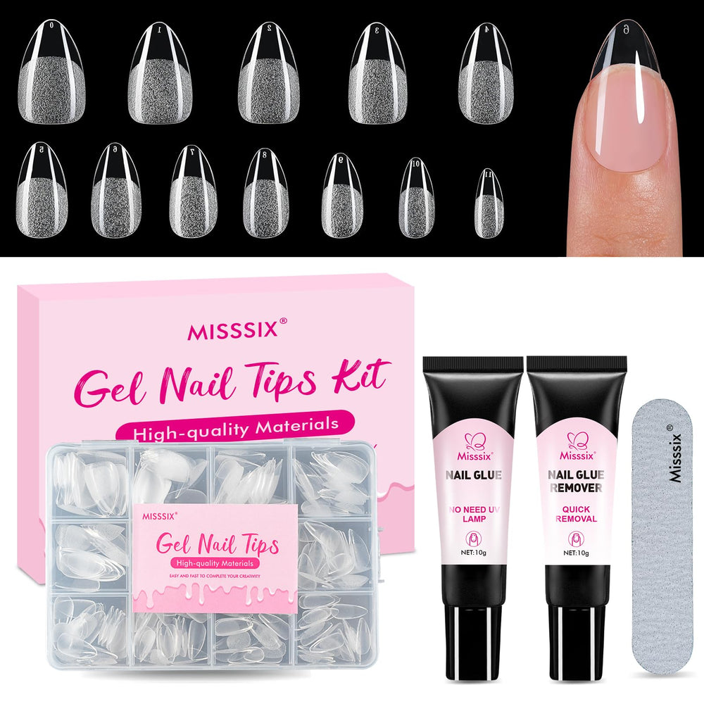 Misssix-kit d’ongles gel amandes courts, emballage visible, prêt à poser.