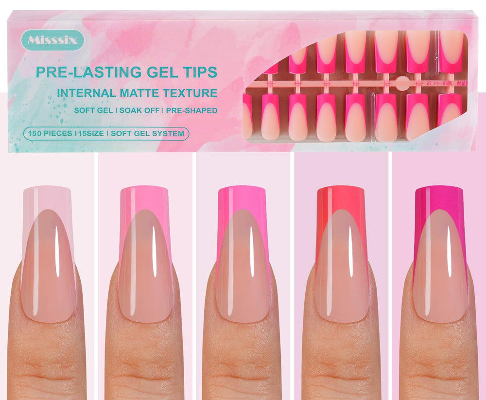 Misssix onglets gel tip français rose long carré, application rapide et durable.