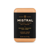 Savon Mistral barre dorée bergamot et lavande pour peau rafraîchie.