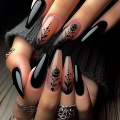 Ongles MISUD autocollants longue forme cercueil gothique rose, pour un look sophistiqué.
