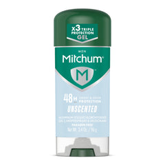 Mitchum Gel antitranspirant sans parfum, protection 48h dès l’application, sans traces visibles.