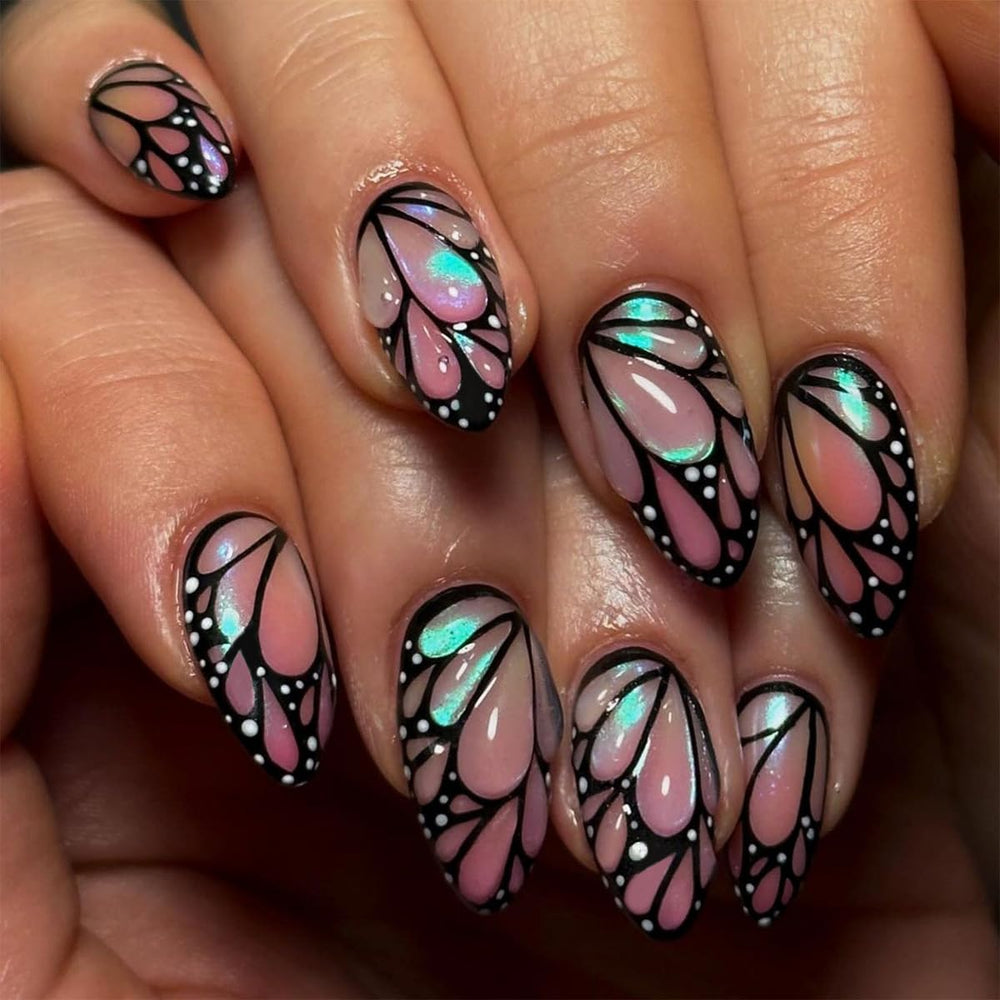 Ongles Mivota 3D Ailes de Papillon Almond, rose irisé, effet spectaculaire