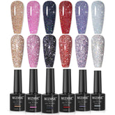 Vernis gel MIZHSE Glitter reflets arc-en-ciel pour des ongles spectaculaires sous lumière naturelle.