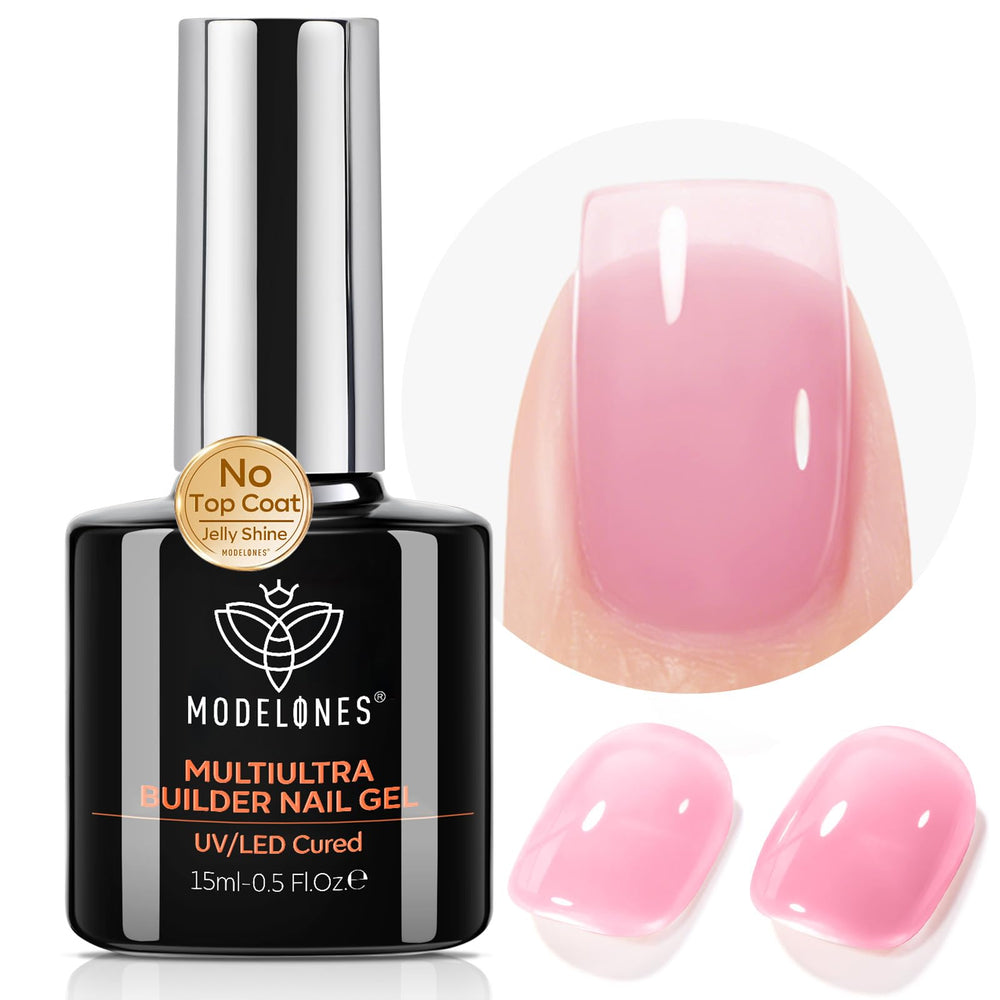 Modelones Gel Builder rose — bouteille, facilitant une manucure rapide et brillante.