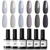 Modelones grey gel nail polish set shown in front view for a six-color manicure.