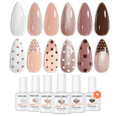 Modelones Hema-free gel polish set featuring six nude shades for all skin tones.