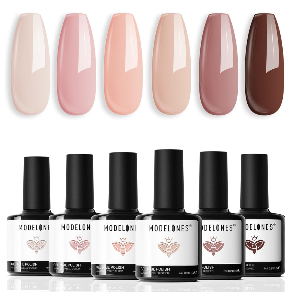 Kit Modelones vernis gel: 6 couleurs naturalles, rose et beige clair pour une manucure polyvalente.