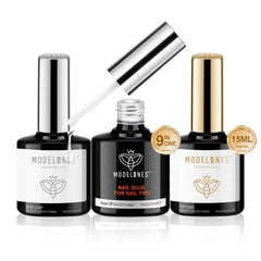 Kit Modelones vernis gel : base, top et colle, manucure durable.