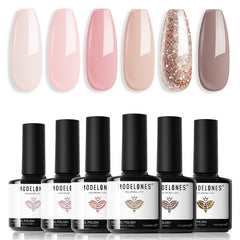 Modelones Nude Gel: ensemble 6 couleurs, rendu uniforme et longue tenue.