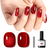 Modelones oeil-chat rouge, vernis gel magnétique, effet pailleté durable et glamour.