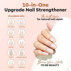 Modelones couvre les ongles endommagés avec une teinte lait et uniforme.