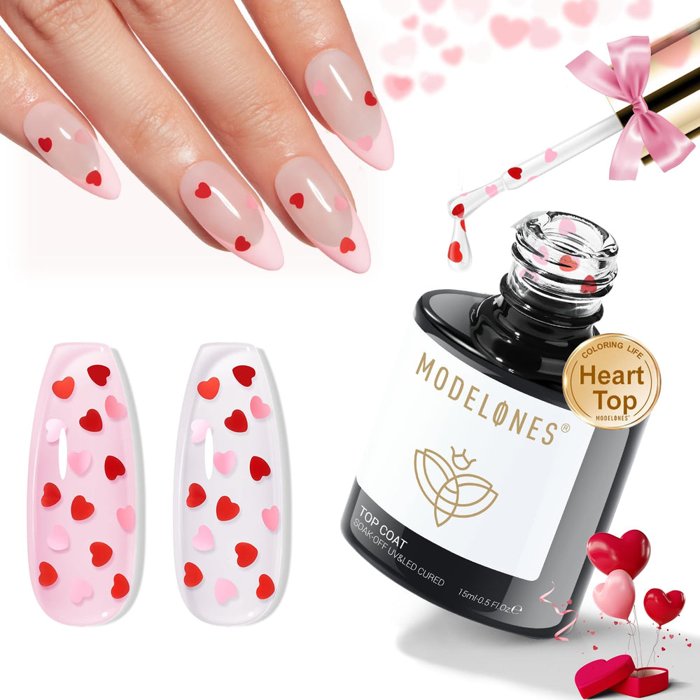 Modelones Top Coat Gel, coeurs rouges et roses, fini brillant durable.