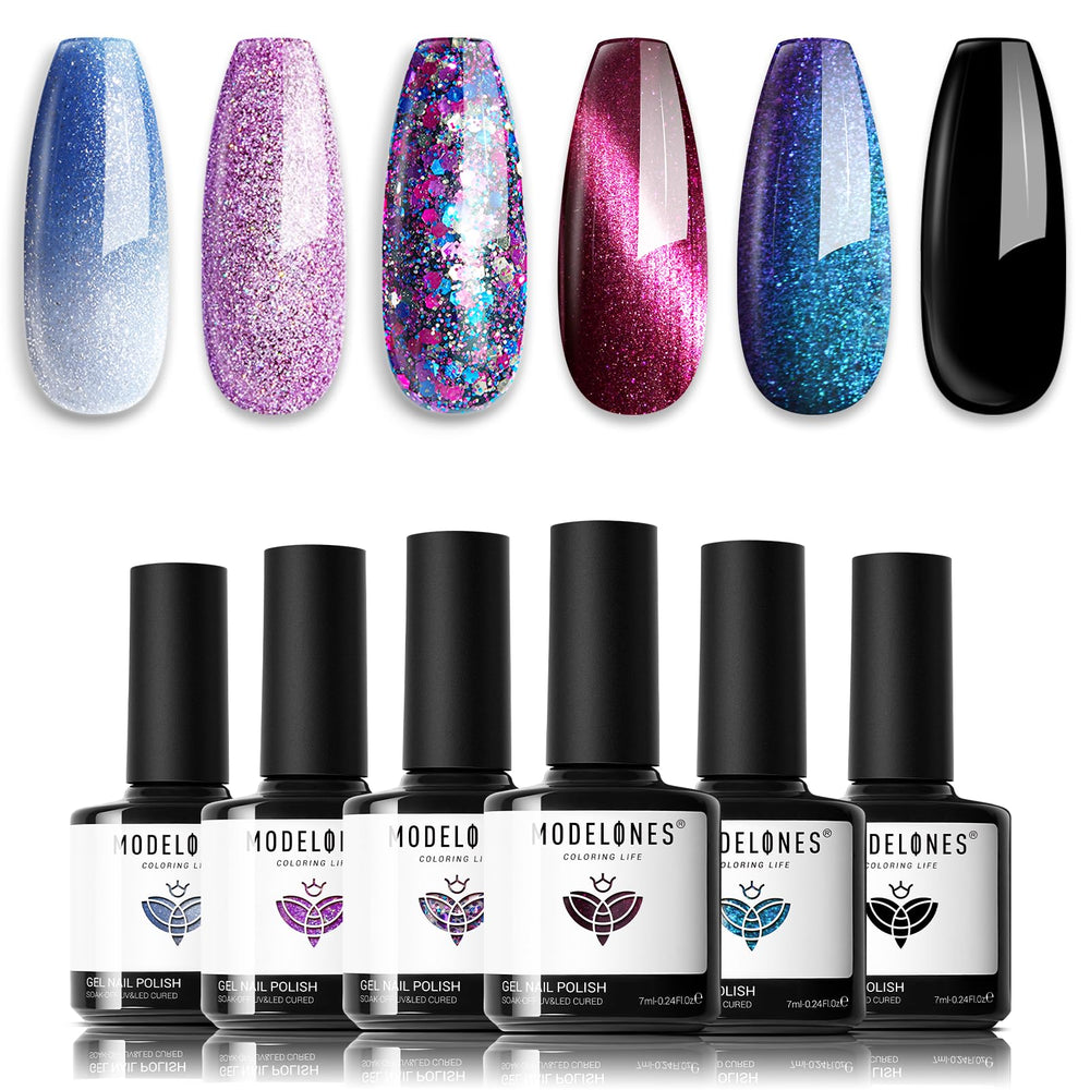 Modelones vernis gel étincelant bleu qui change de couleur pour un style unique.
