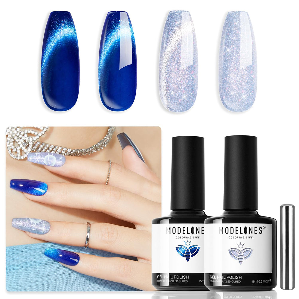 Modelones vernis gel œil-de-chat bleu scintillant pour une manucure élégante et durable.