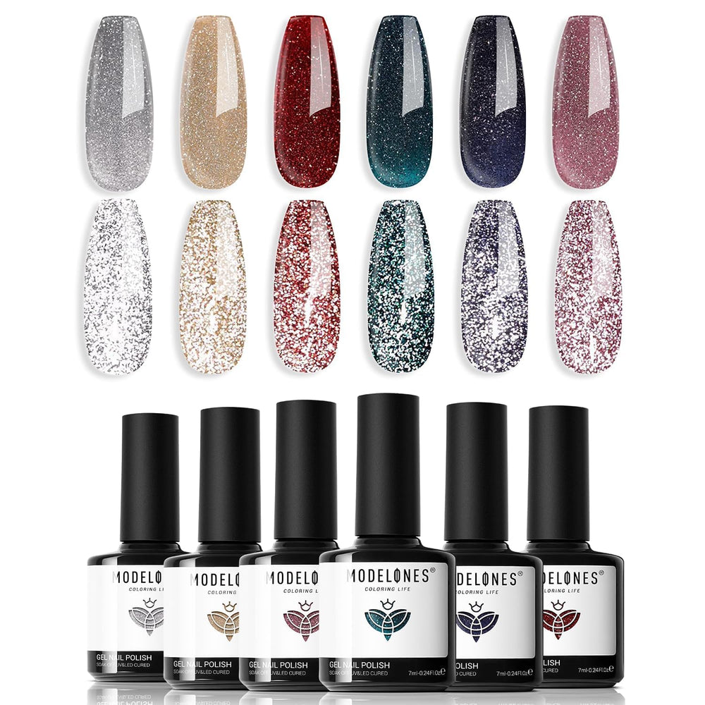 Modelones vernis gel pailleté rose pour une manucure lumineuse et festive.