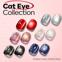 Modelones gel translucide rouge, oeil-chat, effet miroir discret et sophistiqué.