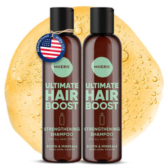 Shampoing Moerie en bouteille, densité capillaire potentielle et éclat naturel.
