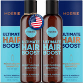 Moerie Shampoing Croissance Cheveux – bouteille visible et bénéfice potentiel d'épaisseur.