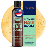 Shampoing Moerie Ultimate Hair Growth, bouteille, cheveux plus épais et volumineux.