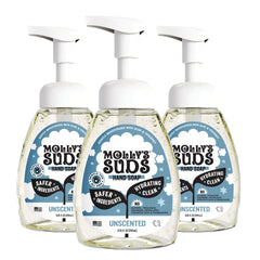 Savon moussant Molly's Suds en pack de trois bouteilles prête à l'emploi.