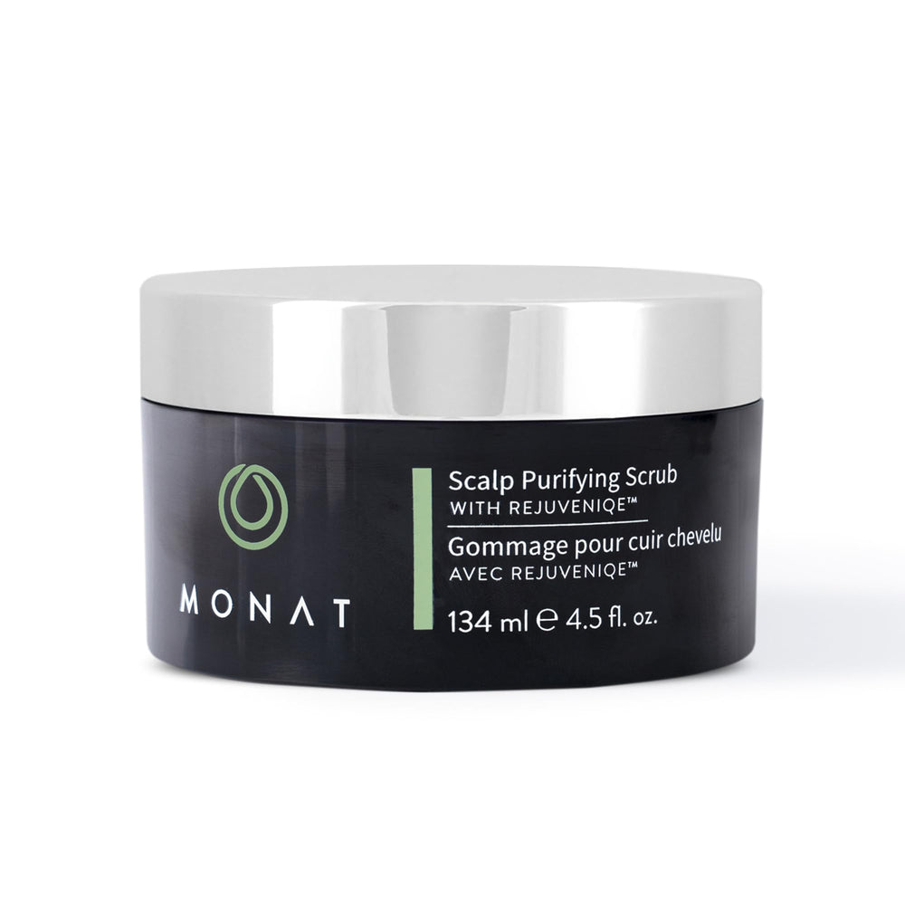 MONAT Gommage purifiant du cuir chevelu – bouteille visible et purifie le cuir chevelu.