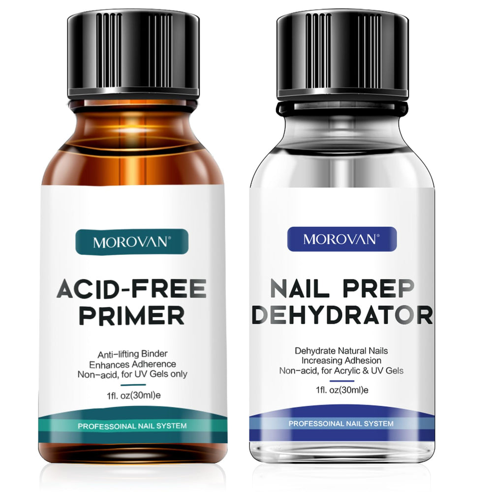 Morovan Nail Dehydrate bottle close-up showing oil removal for a clean nail base.