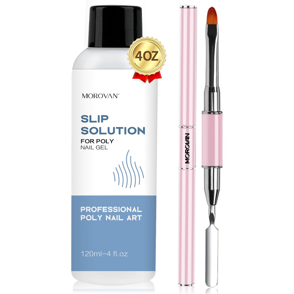 Morovan poly gel slip solution 4oz, flacon clair pour application précise des ongles.