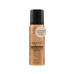 MORPHE mini spray bottle close-up delivering a fine mist for prep and set.