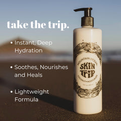 Gros plan sur la texture légère et l’absorption rapide de la lotion Mountain Ocean.