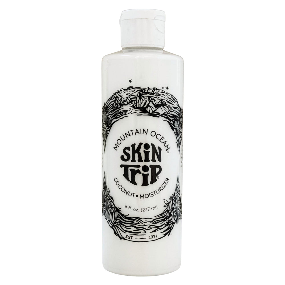 Mountain Ocean Skin Trip Lotion pour le corps coco, bouteille élégante prête pour hydratation rapide.