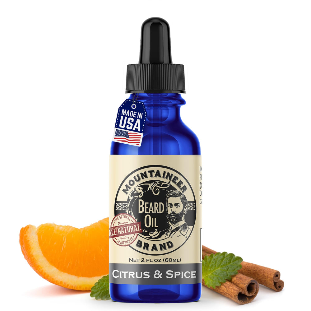 Huile barbe Mountaineer Brand agrumes et épices, hydrate et adoucit les poils.
