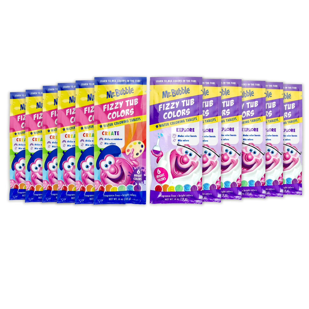 Mr. Bubble Fizzy Tub Colors packaging shows six bright tablets for bath time fun.