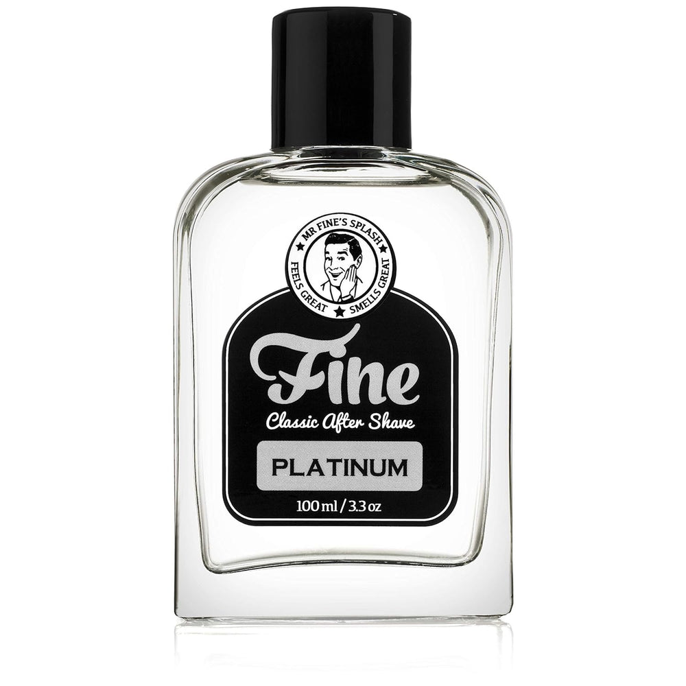 Mr. Fine Aftershave Platinum, flacon close-up, sensation rafraîchissante après rasage.