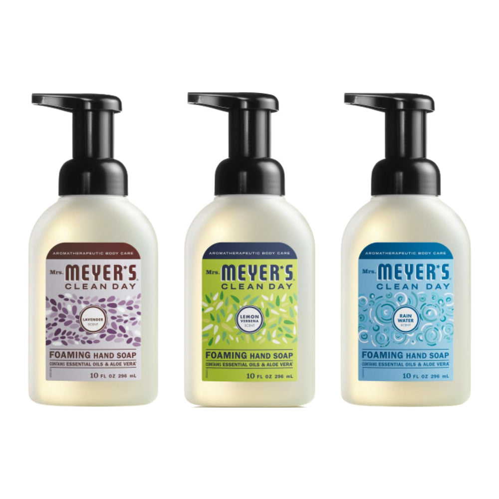 Ensemble trio de savons pour mains Mrs. MEYER'S Clean Day, pratique et coloré.