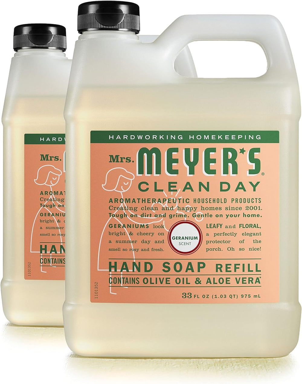 Savon pour les mains Mrs. Meyer's Clean Day, bouteille geranium et parfum frais.