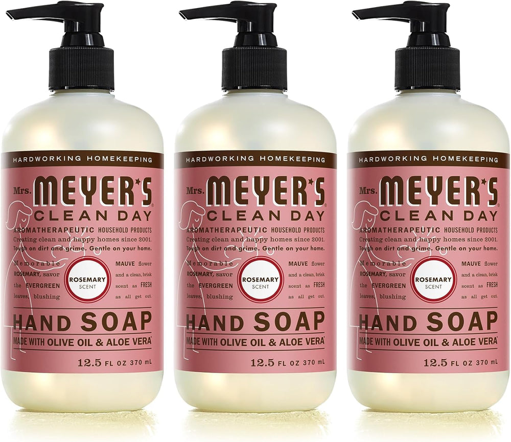 Savon mains Mrs. Meyer's Clean Day romarin, bouteille pompe, douceur et propreté.